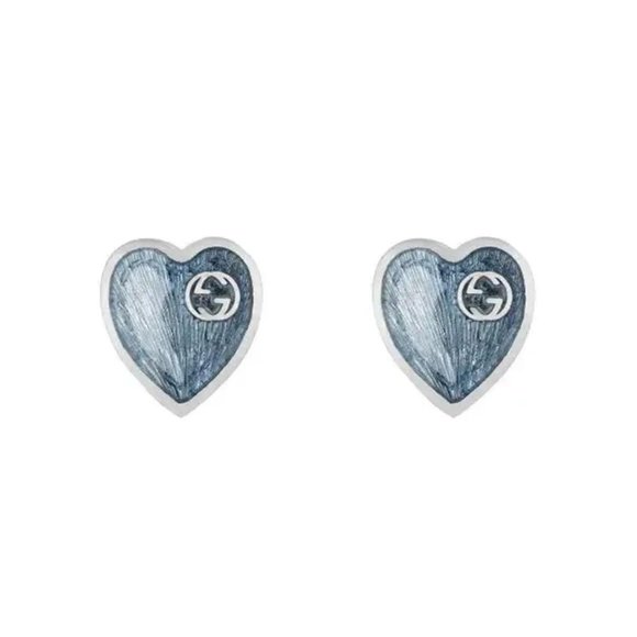 Gucci Light Blue Enamel Interlocking G Heart Stud Earrings 925 Sterling Silver - Picture 1 of 5